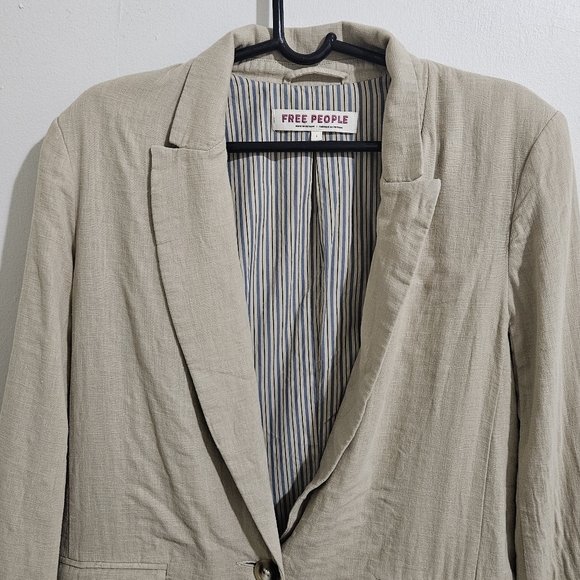 Free People Linen Blend Blazer Tan Beige Striped Lining Size S Coastal Grandma - Picture 3 of 16